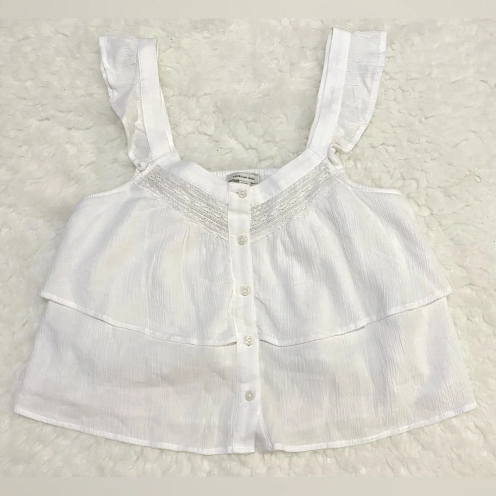 American Eagle Womens S Solid White Ruffle  Sleeve Top Boho Y2K Cottagecore - Picture 3 of 14